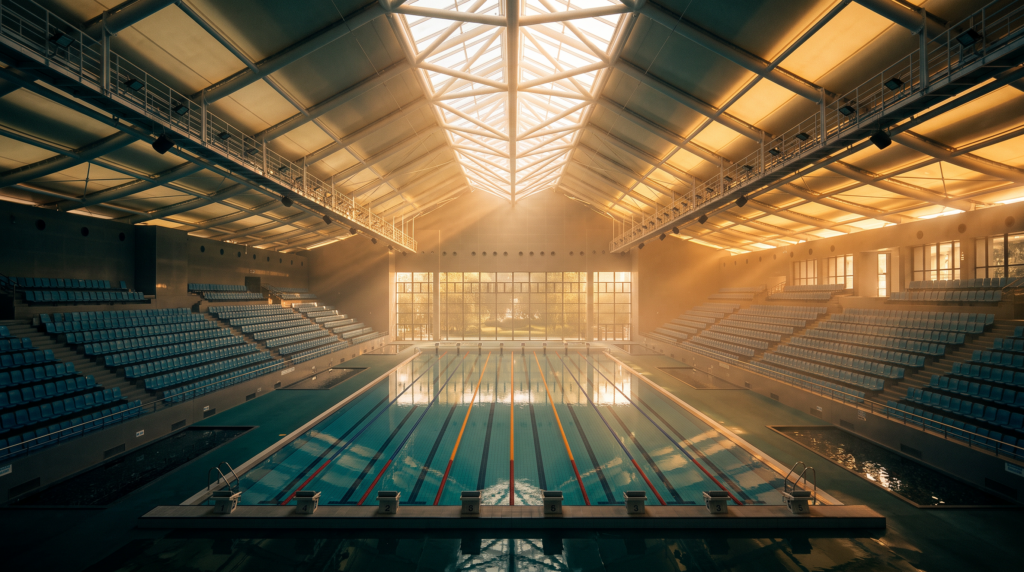 Centre aquatique couvert par une membrane textile favorisant confort et performance technique.
