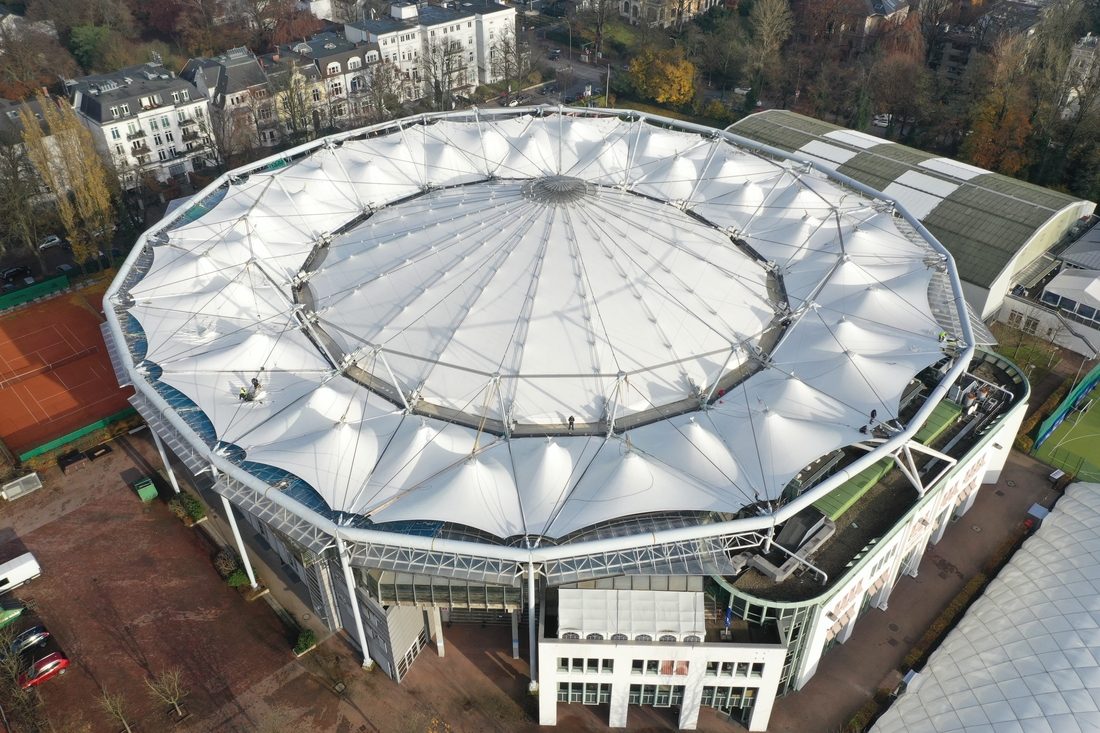Aerial view of Rothenbaum tennis stadium in Hamburg with white tensile roof structure