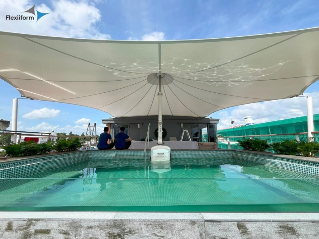 The Aqua Mekong cruise ship shade sail made in Flexlight 1202 S2 by Serge Ferrari Group