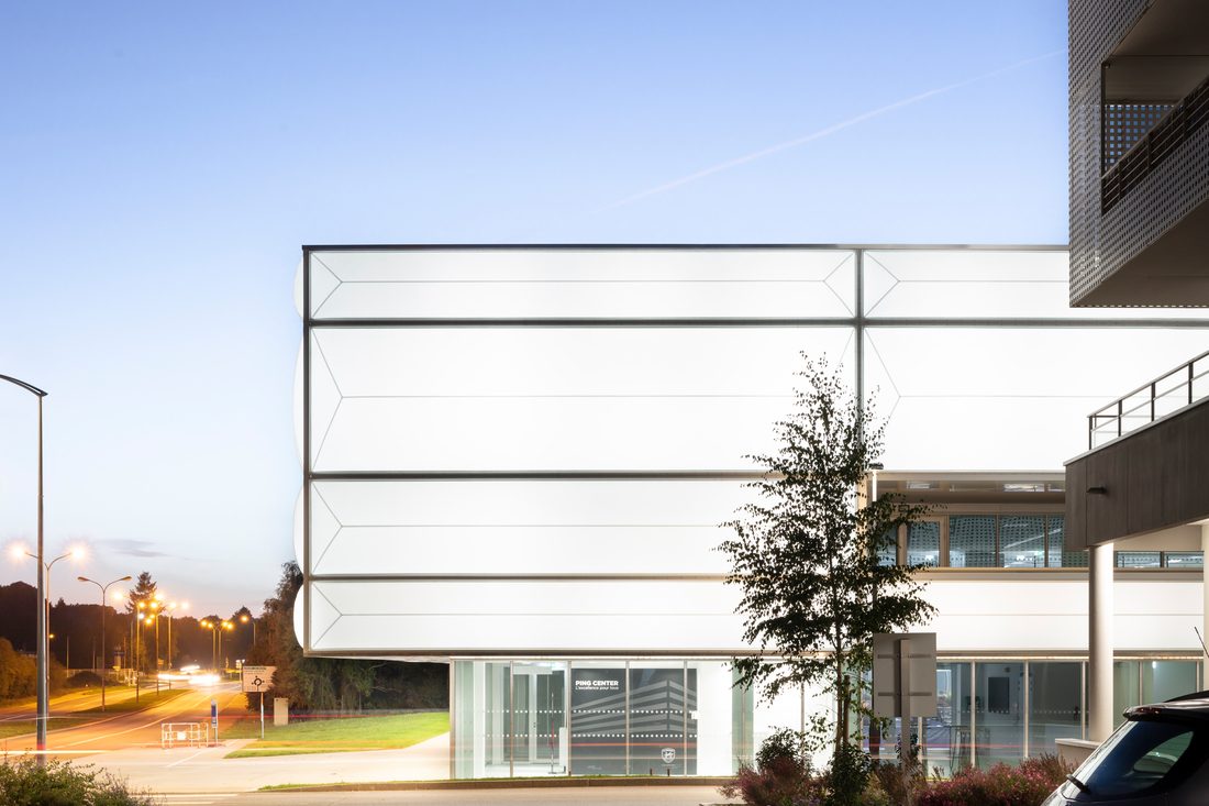 Table Tennis Centre in Hennebont with translucent textile façade by Serge Ferrari, daytime view