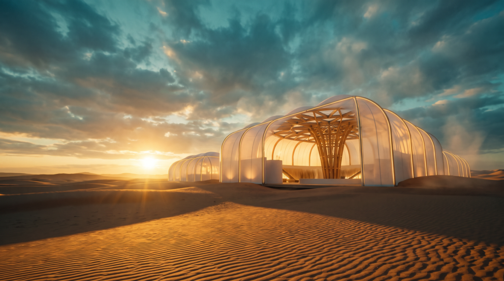 Concept architectural utilisant une enveloppe textile légère dans un environnement désertique.