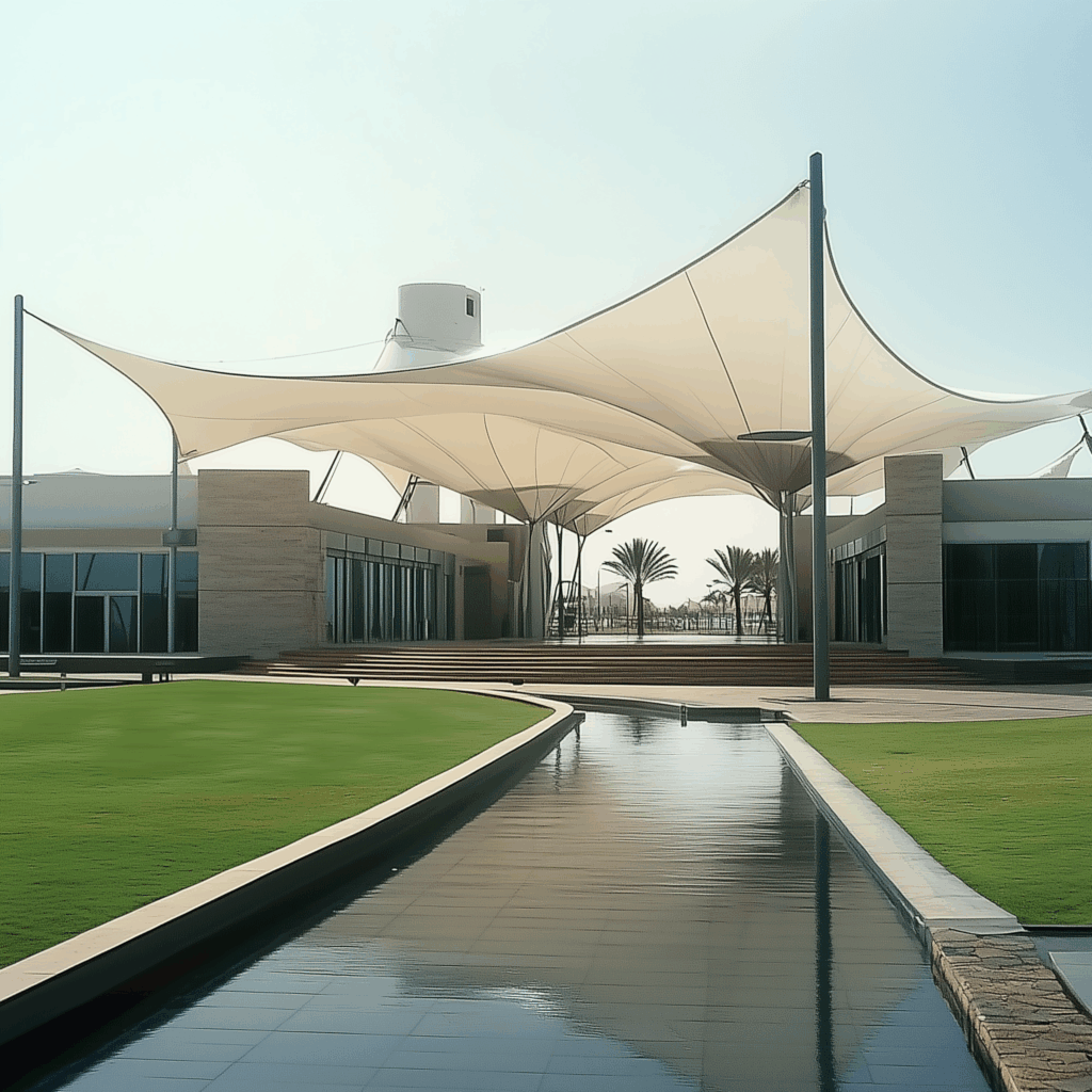 Bâtiment moderne avec grande toiture en membrane tendue blanche, au-dessus d’une esplanade avec bassin d’eau et pelouses.