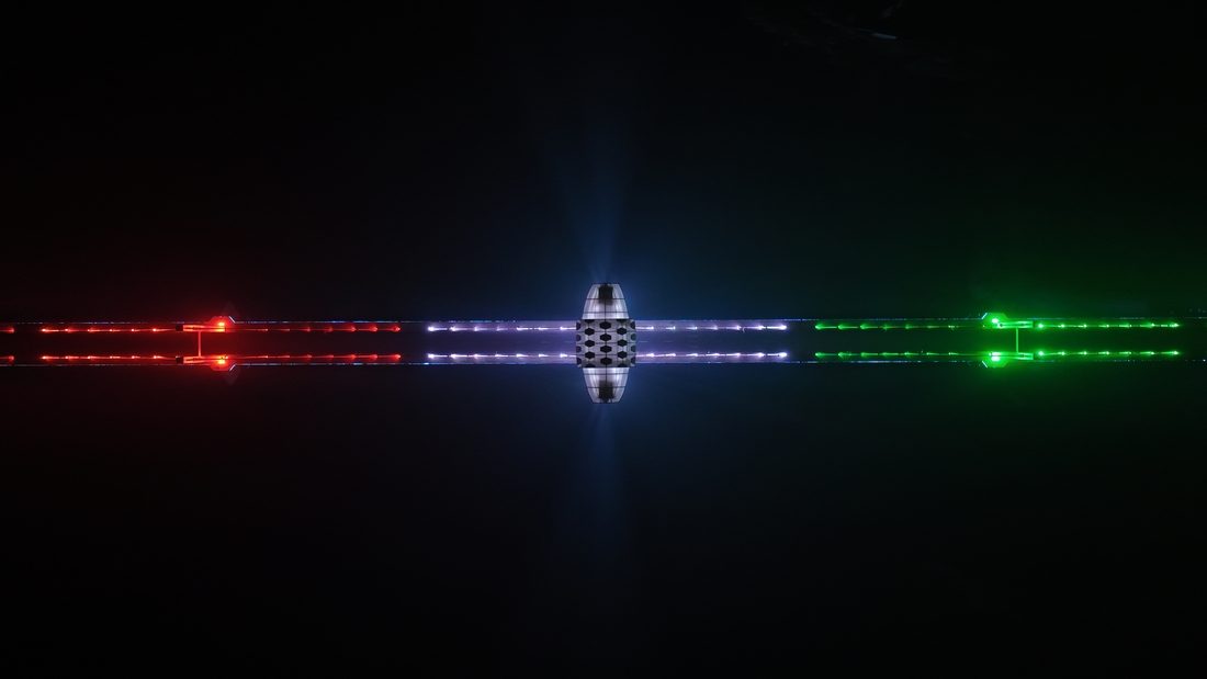 Vue symétrique nocturne de l’Ambhora Bridge avec éclairage tricolore.