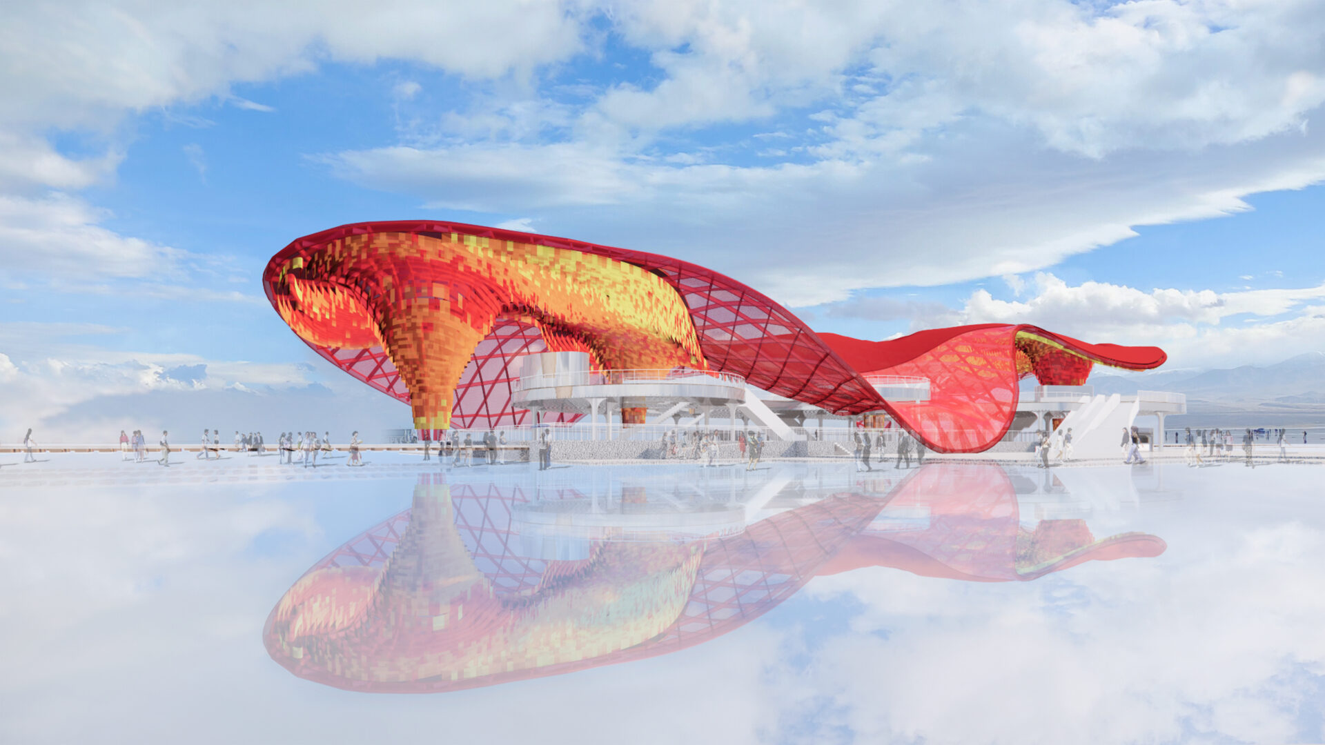 Architectural rendering of Chaka Salt Lake Station with a red and yellow flowing roof reflected on the salt lake.