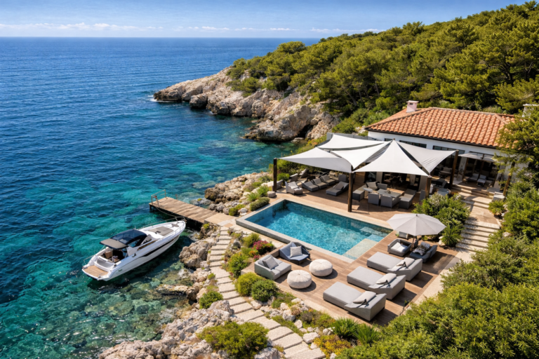 Voiles d’ombrage en membranes composites souples Serge Ferrari sur terrasse et piscine en bord de mer