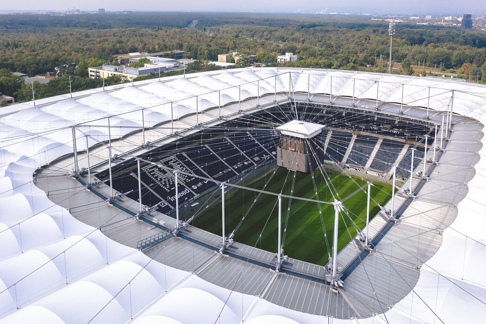 Retractable membrane roof structure covering Deutsche Bank Park stadium in Frankfurt