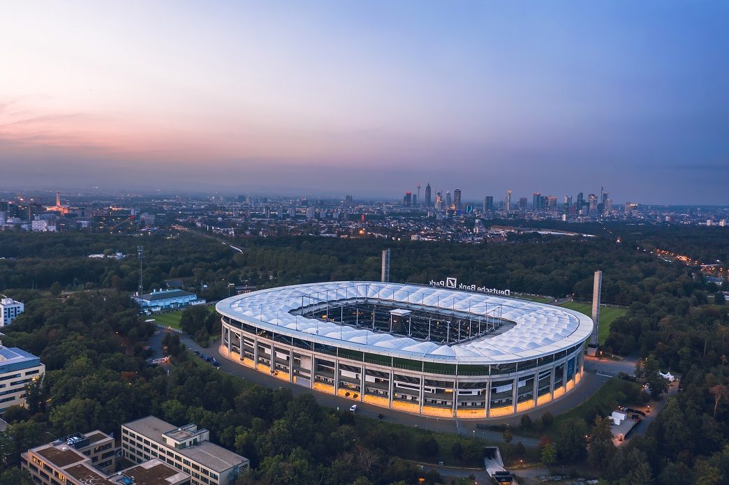 Aerial view of Deutsche Bank Park in Frankfurt featuring a retractable tensile membrane roof