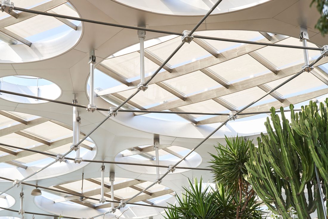 Detail of circular roof structure with Soltis 92 solar shading above plants inside the Greenhouse Garden.