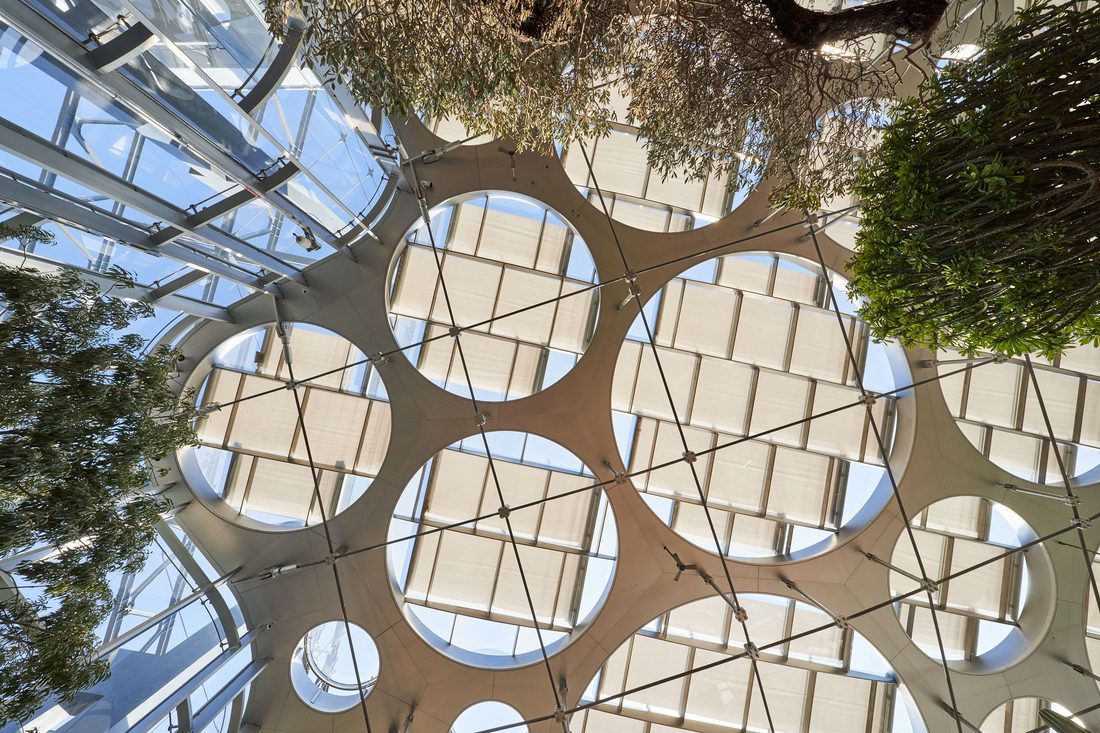 Interior view of the Greenhouse Garden with circular roof modules and Soltis 92 solar shading above trees and plants at Shanghai Expo Culture Park.