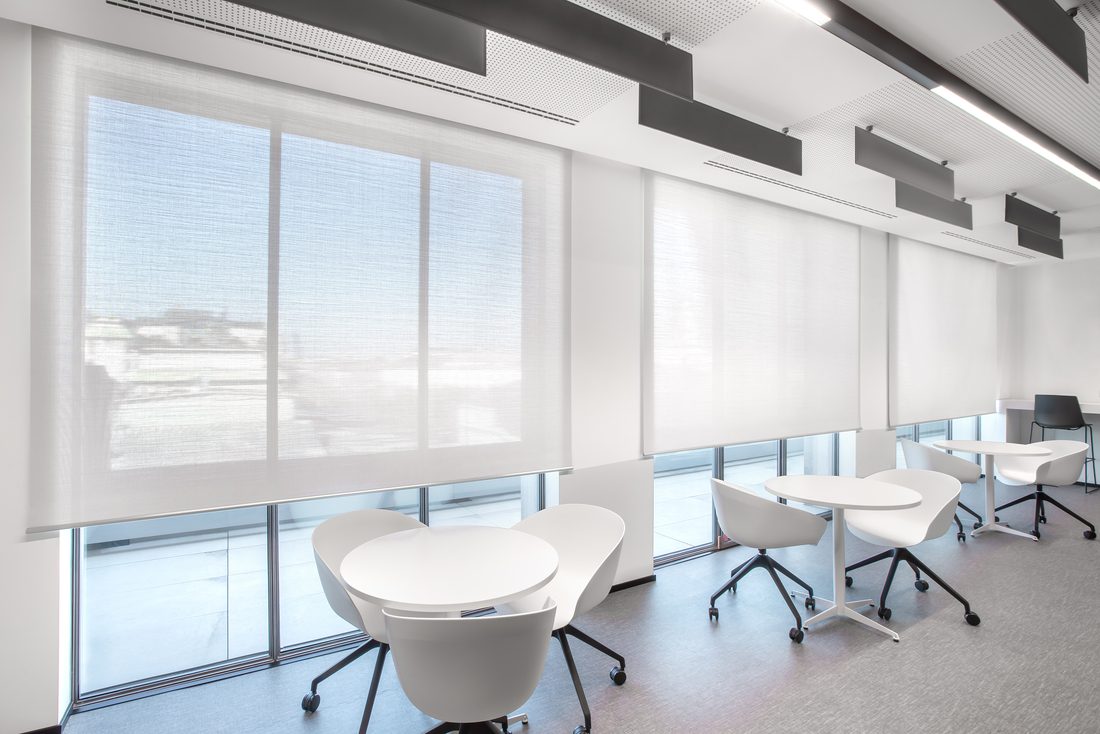 Stores enrouleurs Soltis Touch Bridge 3 filtrant la lumière naturelle dans un espace de travail moderne.
