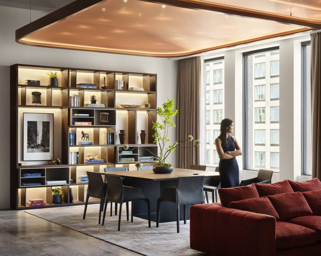 Close-up of Serge Ferrari Tenseo Frontside 381 stretch ceiling cinnamon finish at Corsair HQ NY