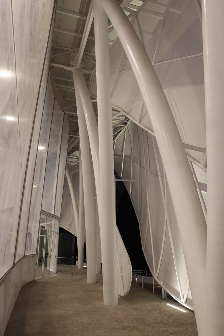 Night view beneath the museum façade showing tall structural columns and translucent custom-printed Tenseo Frontside 381 panels forming a sheltered walkway.