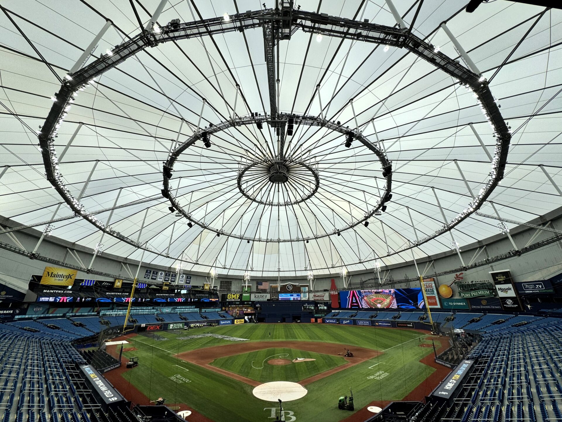 Interior view of Tropicana Field showing the baseball field and suspended tensile roof structure spanning the stadium.