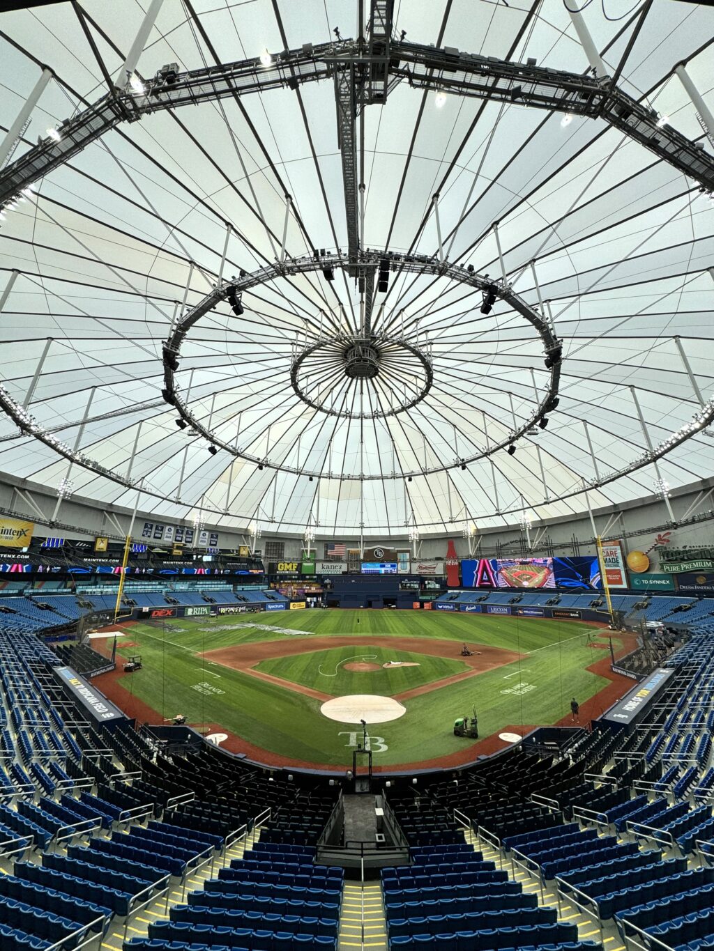 View from stadium seating toward the baseball field beneath the cable-supported tensile roof of Tropicana Field.