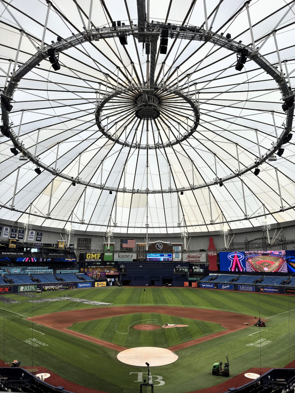 Close-up view of the cable-supported tensile roof structure above the baseball field at Tropicana Field.