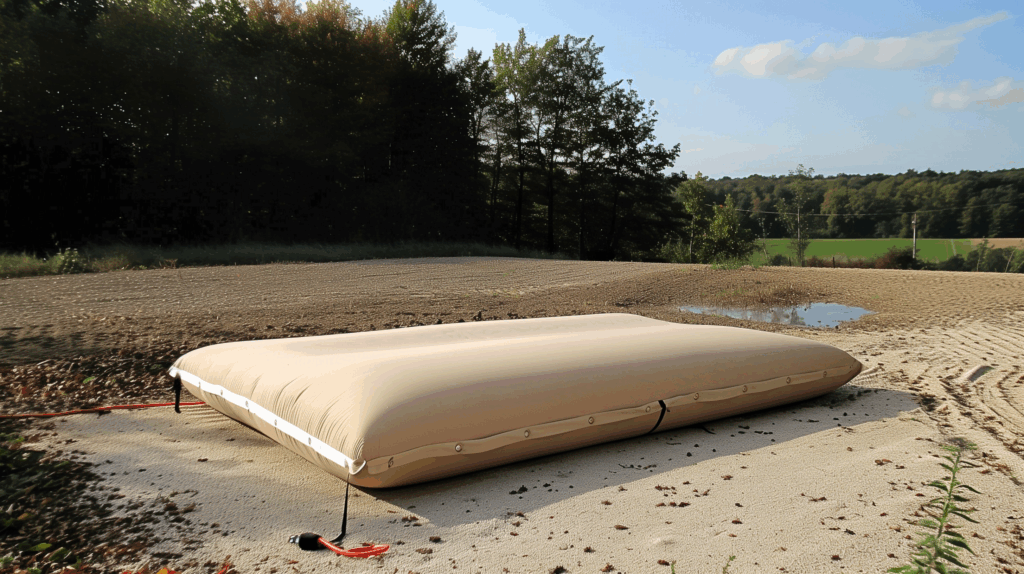 Coussin de stockage d’eau souple installé sur une plateforme agricole