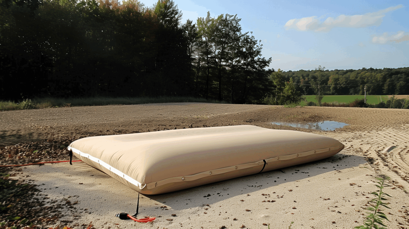 Coussin de stockage d’eau souple installé sur une plateforme agricole