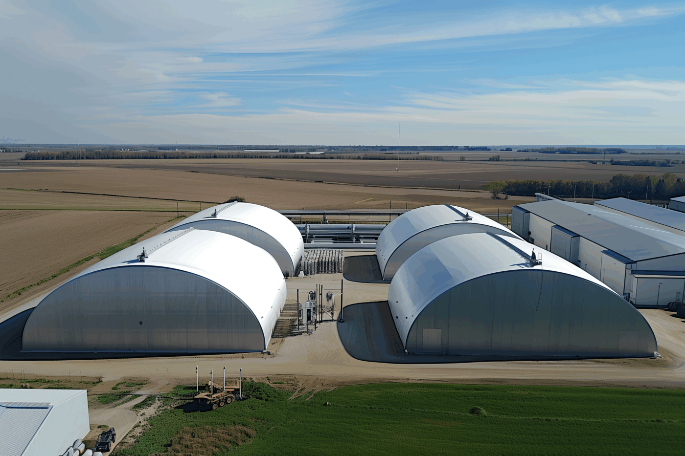 Site industriel de méthanisation avec bâtiments de stockage couverts par des membranes composites souples Serge Ferrari