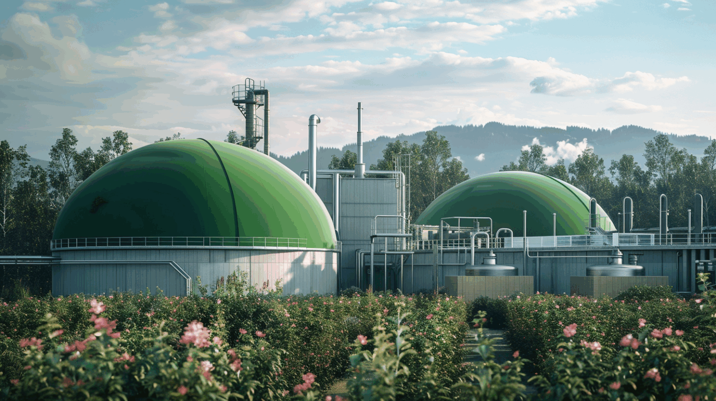Unité de méthanisation avec dômes souples verts en milieu rural
