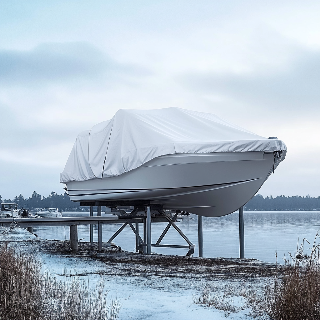 Bateau hors d’eau recouvert d’une protection textile tendue