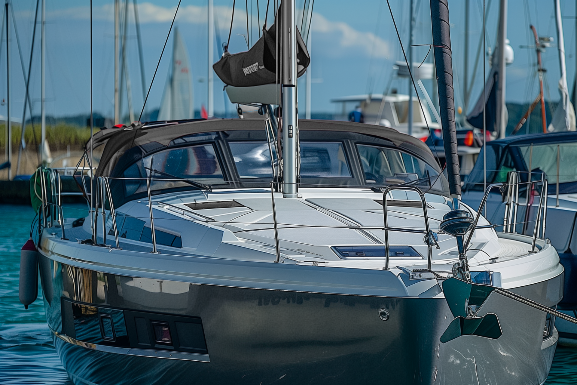 Voilier moderne amarré au port avec cockpit protégé par capote textile