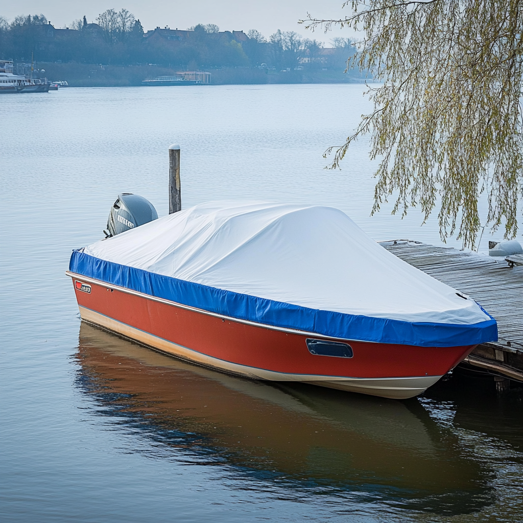 Bateau à quai protégé par une bâche de protection nautique en membrane composite souple Serge Ferrari