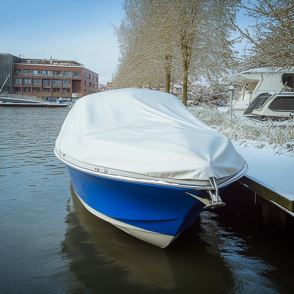Bateau amarré en hiver, protégé par une bâche de protection nautique blanche tendue