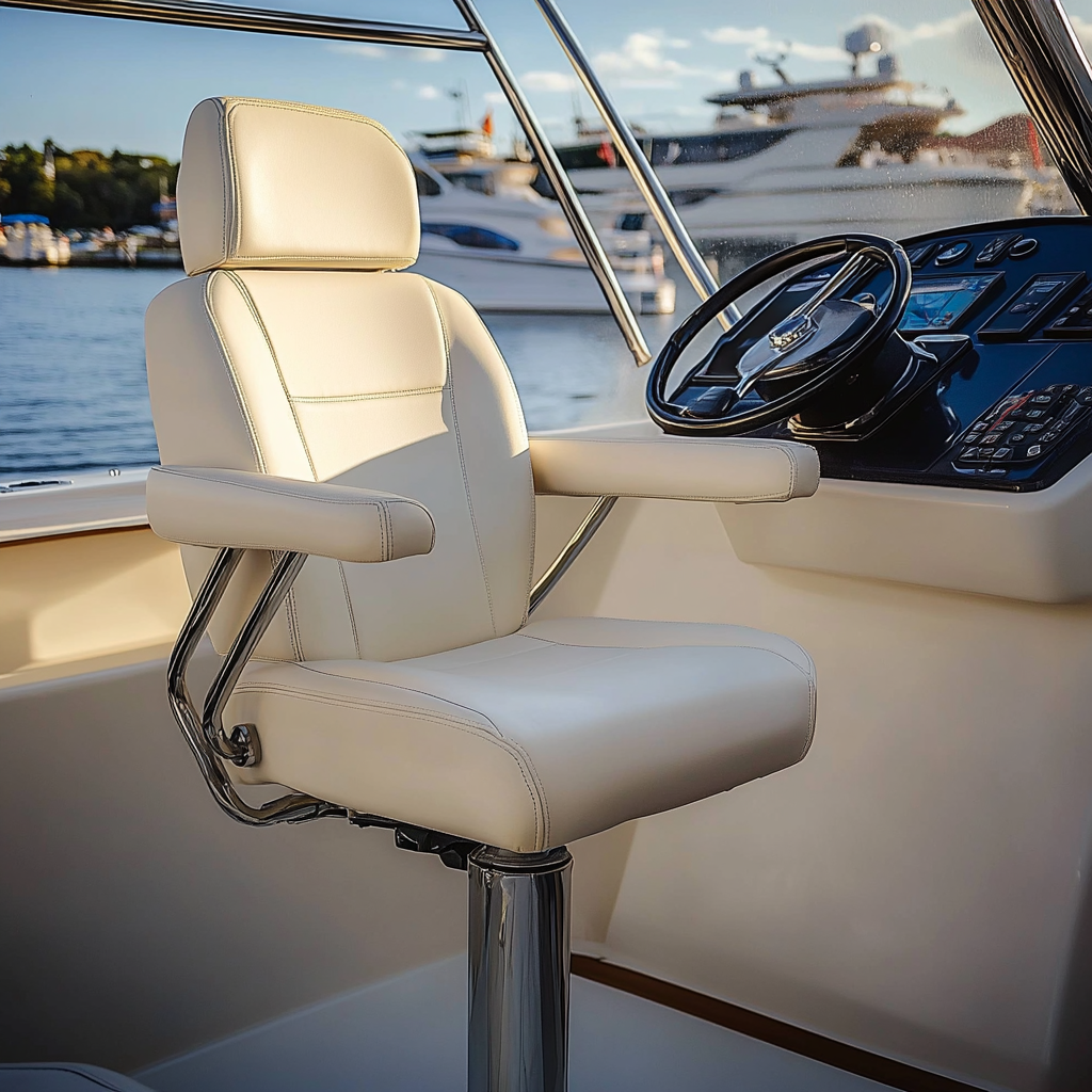 Siège de pilotage de bateau positionné devant le poste de barre