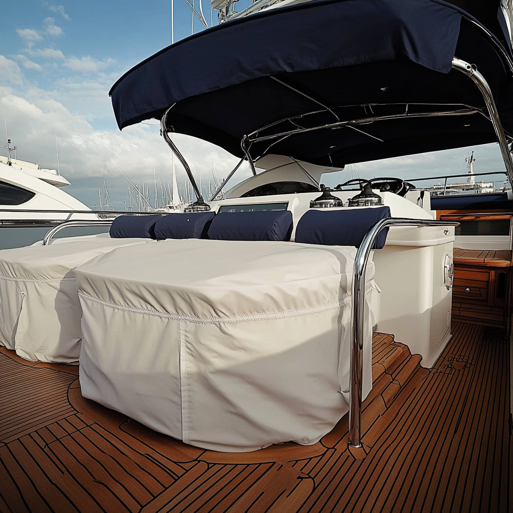 Équipements de pont de bateau protégés par des housses textiles sous taud nautique