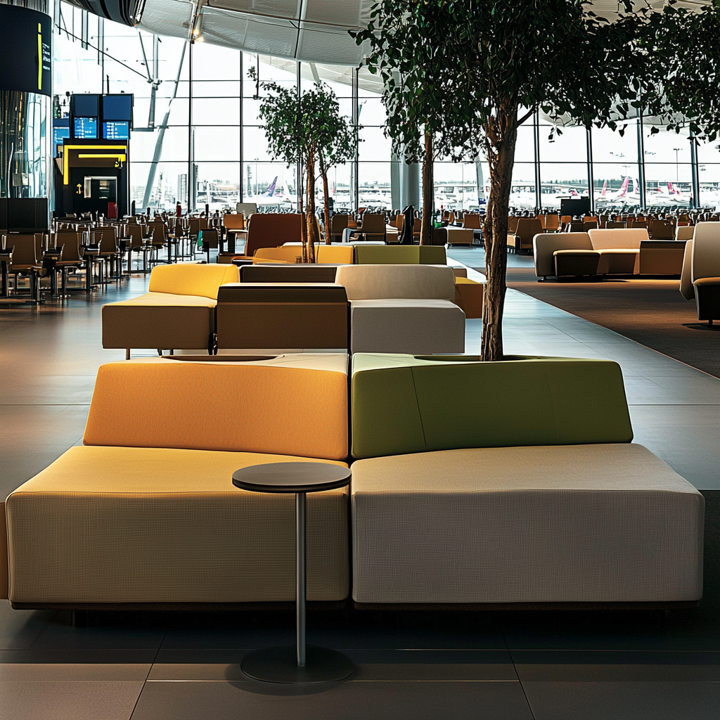 Espace d’attente moderne dans un aéroport avec assises en tissu et arbres intégrés