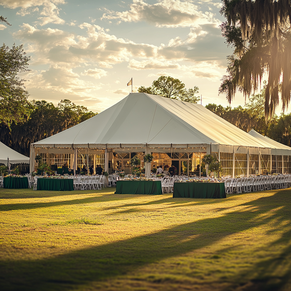 Grande tente de réception en toile tendue pour mariage, structure événementielle extérieure.