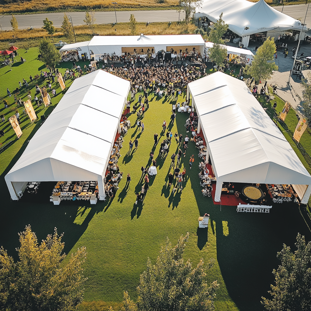 Vue aérienne d’un événement en plein air avec tentes de réception en architecture textile Serge Ferrari.