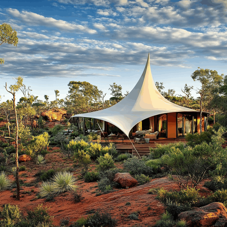 Lodge de glamping avec toiture en toile tendue blanche, au cœur d’un paysage naturel