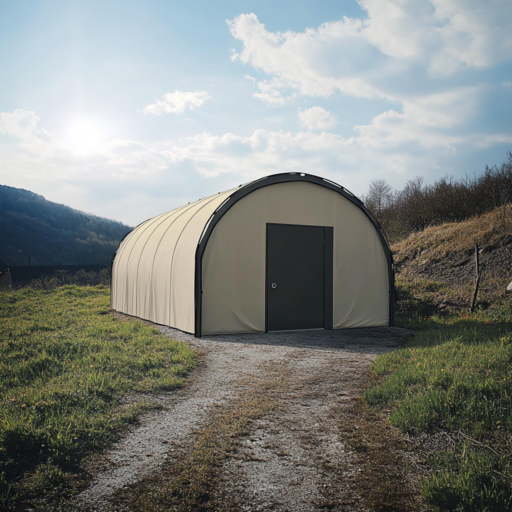 Abri de stockage semi-cylindrique en membrane textile installé en zone rurale