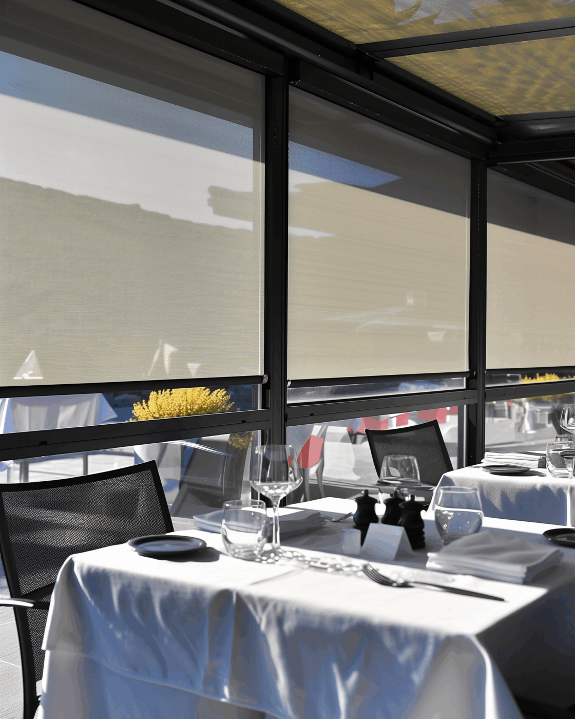 Restaurant avec stores intérieurs en toile technique filtrant la lumière sur une salle vitrée