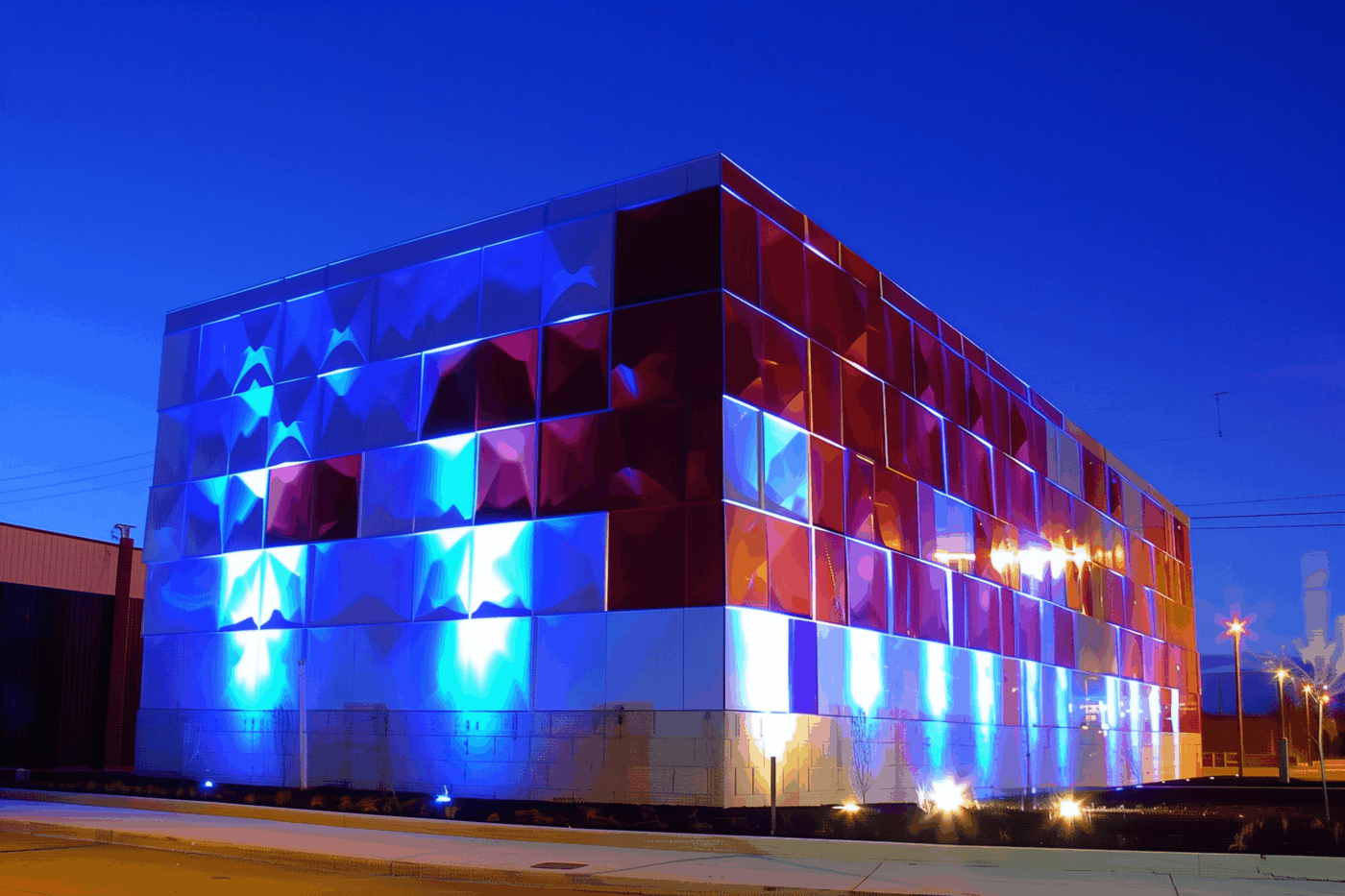 Bâtiment contemporain cubique aux façades vitrées colorées, éclairé en bleu et rouge la nuit.