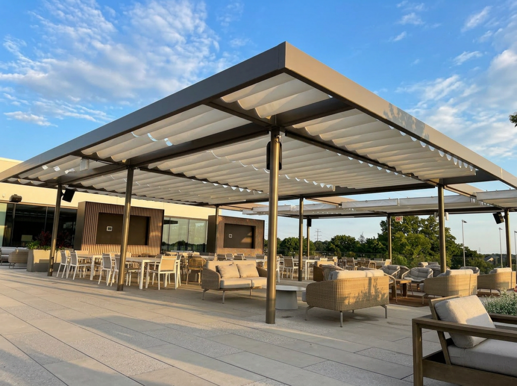 Freestanding metal pergola with retractable fabric roof over outdoor seating and lounge furniture.