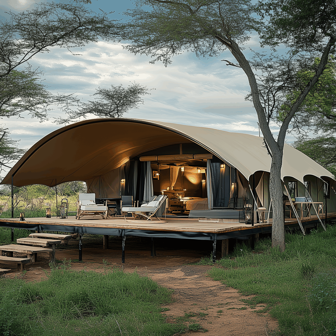 Lodge de glamping avec toiture en toile tendue, ouverte sur une terrasse en pleine nature