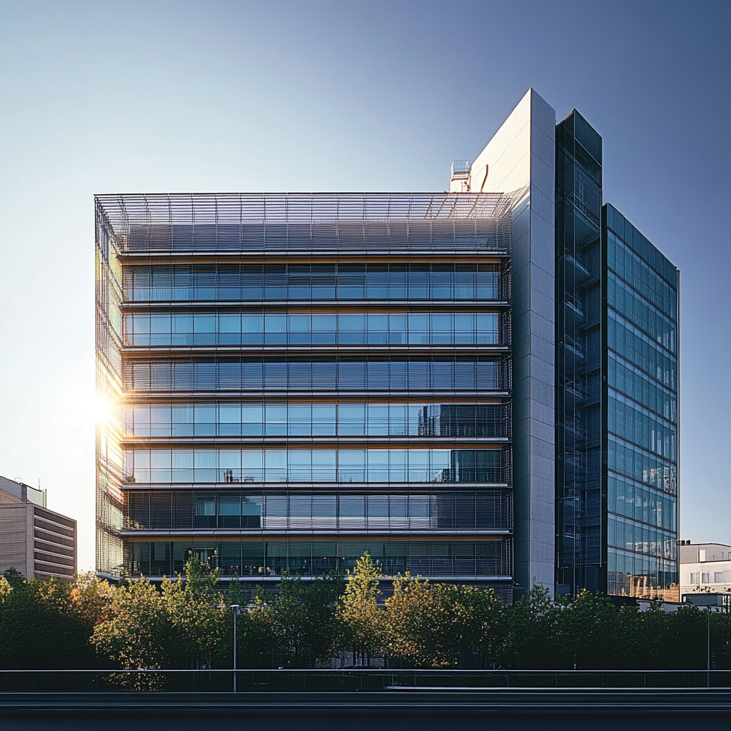 Immeuble de bureaux moderne en verre avec protections solaires horizontales sur la façade, éclairé par le soleil en fin de journée.
