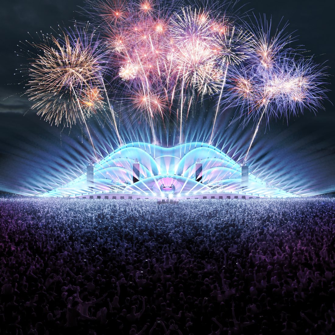 Illustration conceptuelle d’un festival avec scène monumentale intégrant des toiles Serge Ferrari imprimables, effets mat, brillant et miroir.