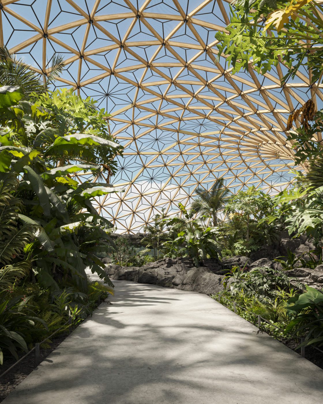 Membrane composite Serge Ferrari utilisée en toiture architecturale, permettant la diffusion de la lumière naturelle et la protection d’un espace végétalisé