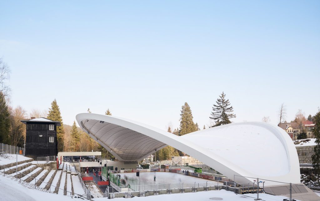 Schierker Feuerstein Arena ice rink covered by a flowing white tensile roof structure