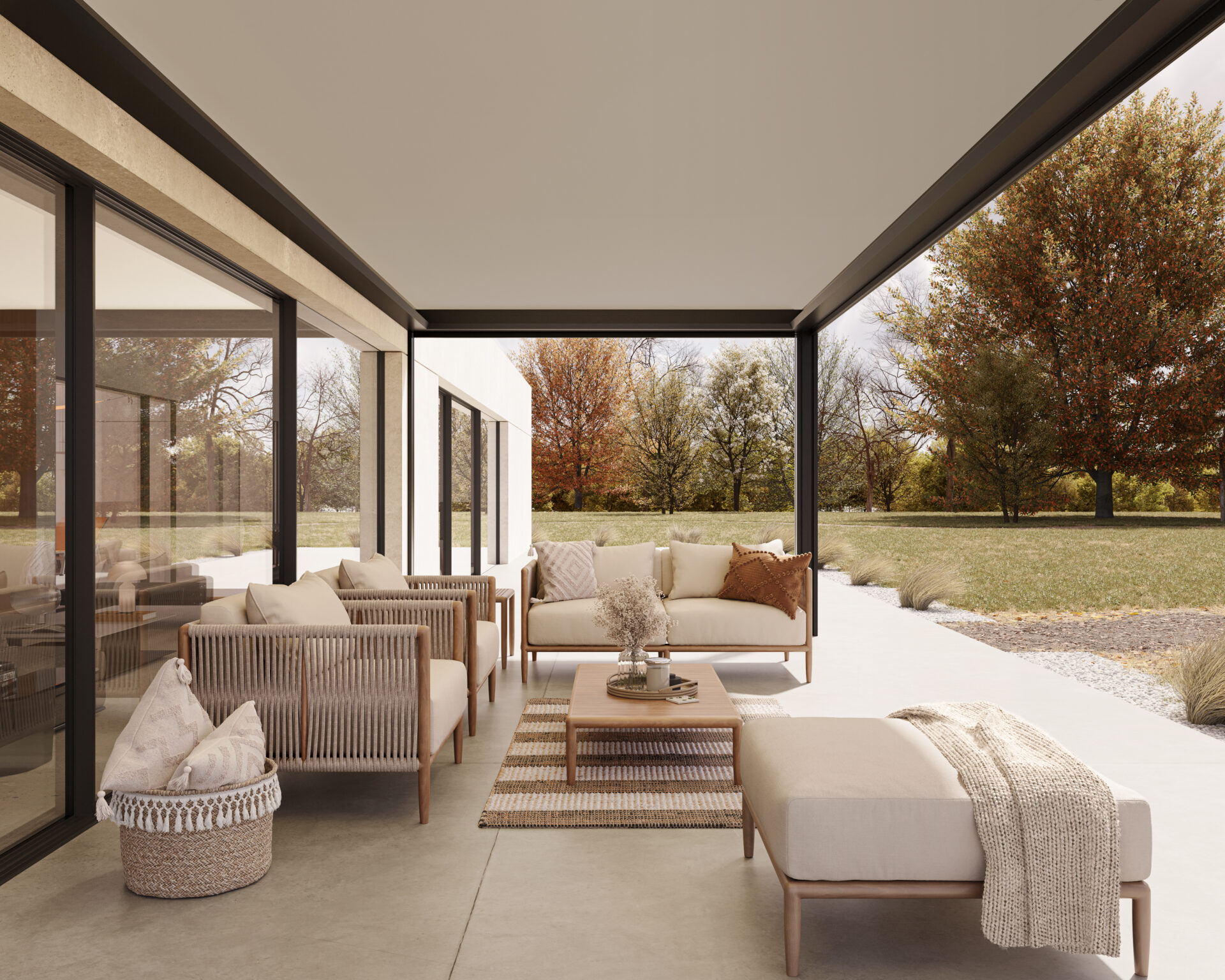 Pergola avec toile opaque créant un espace salon extérieur confortable et ombragé