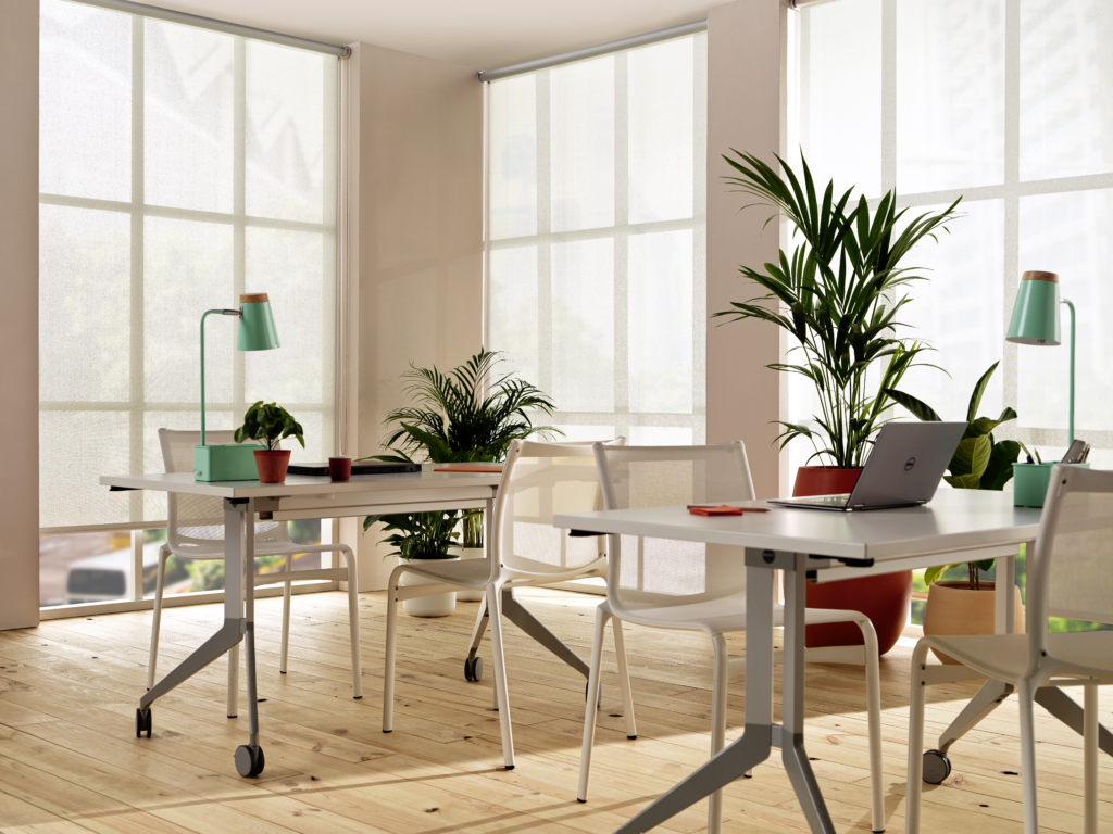 Bureaux lumineux avec stores intérieurs Soltis 99 en membrane composite souple Serge Ferrari pour filtration de la lumière