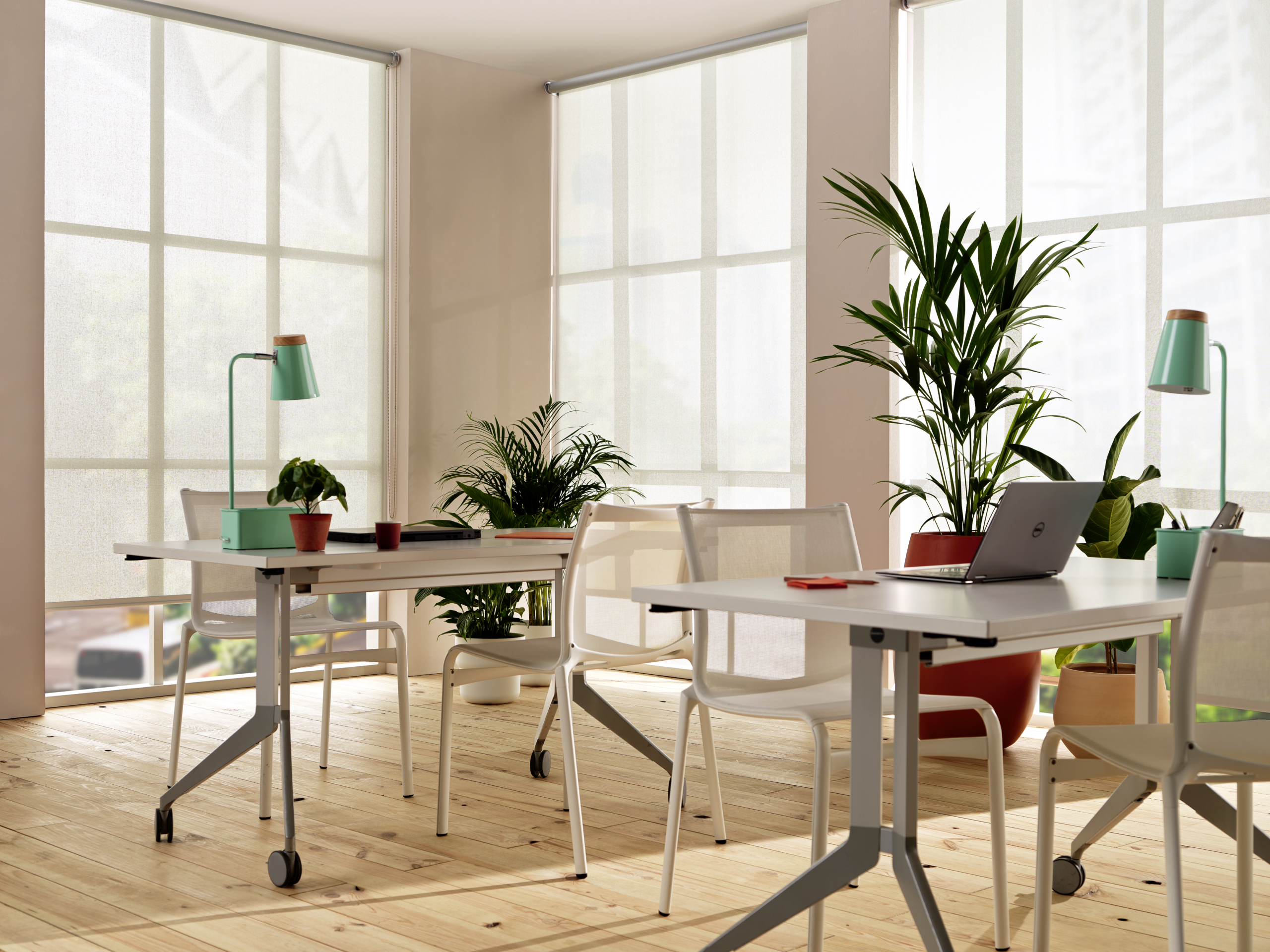 Bureaux lumineux avec stores intérieurs Soltis 99 en membrane composite souple Serge Ferrari pour filtration de la lumière