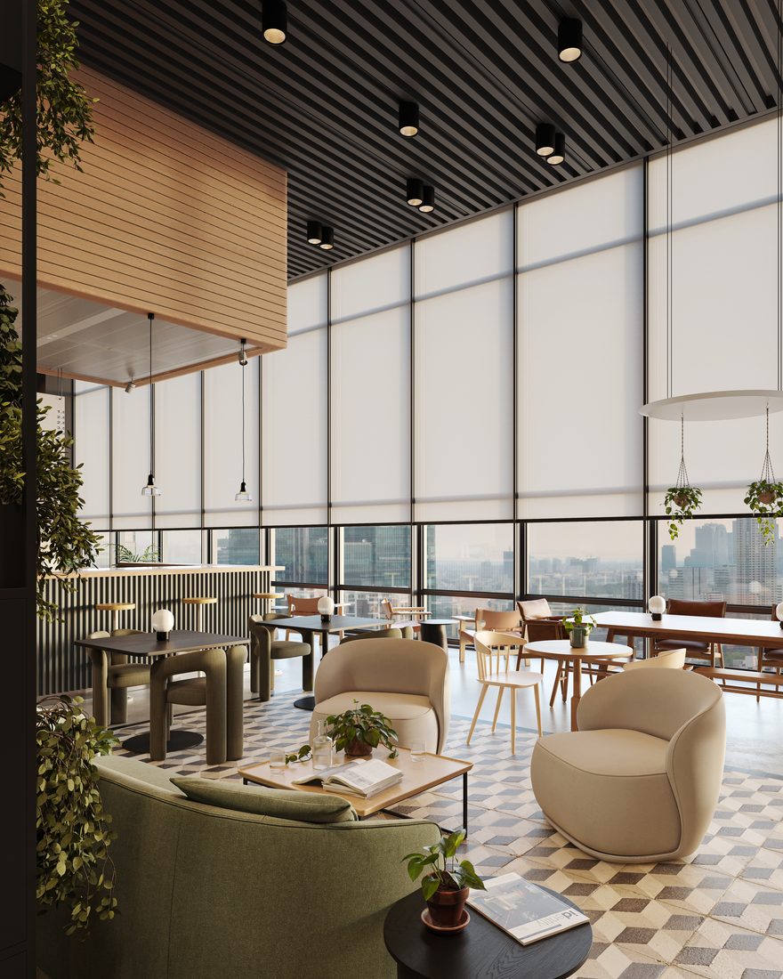 Salon lounge contemporain avec stores textiles en membrane composite souple Serge Ferrari sur grandes façades vitrées, pour un confort lumineux optimal.