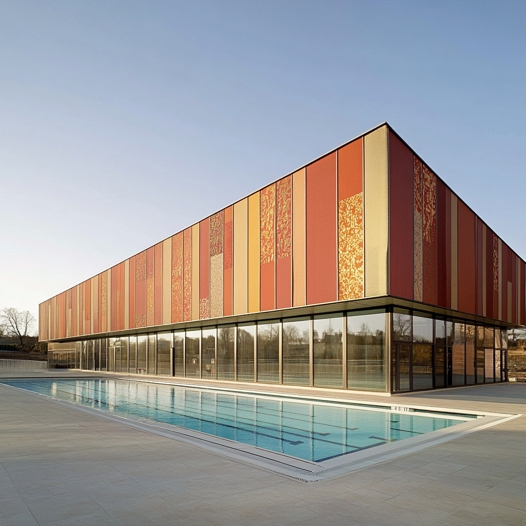 Bâtiment moderne avec façade colorée en bandes verticales et grandes baies vitrées, au bord d’une piscine extérieure.
