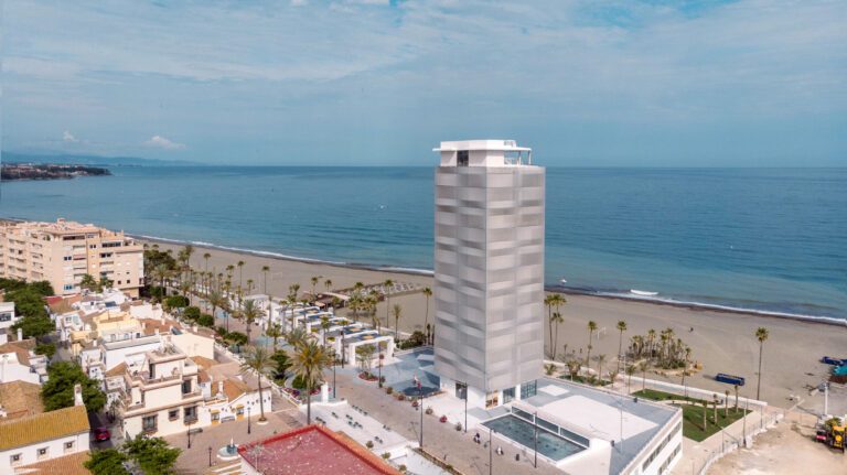 Detail of translucent fabric facade on modern cultural building in Spain