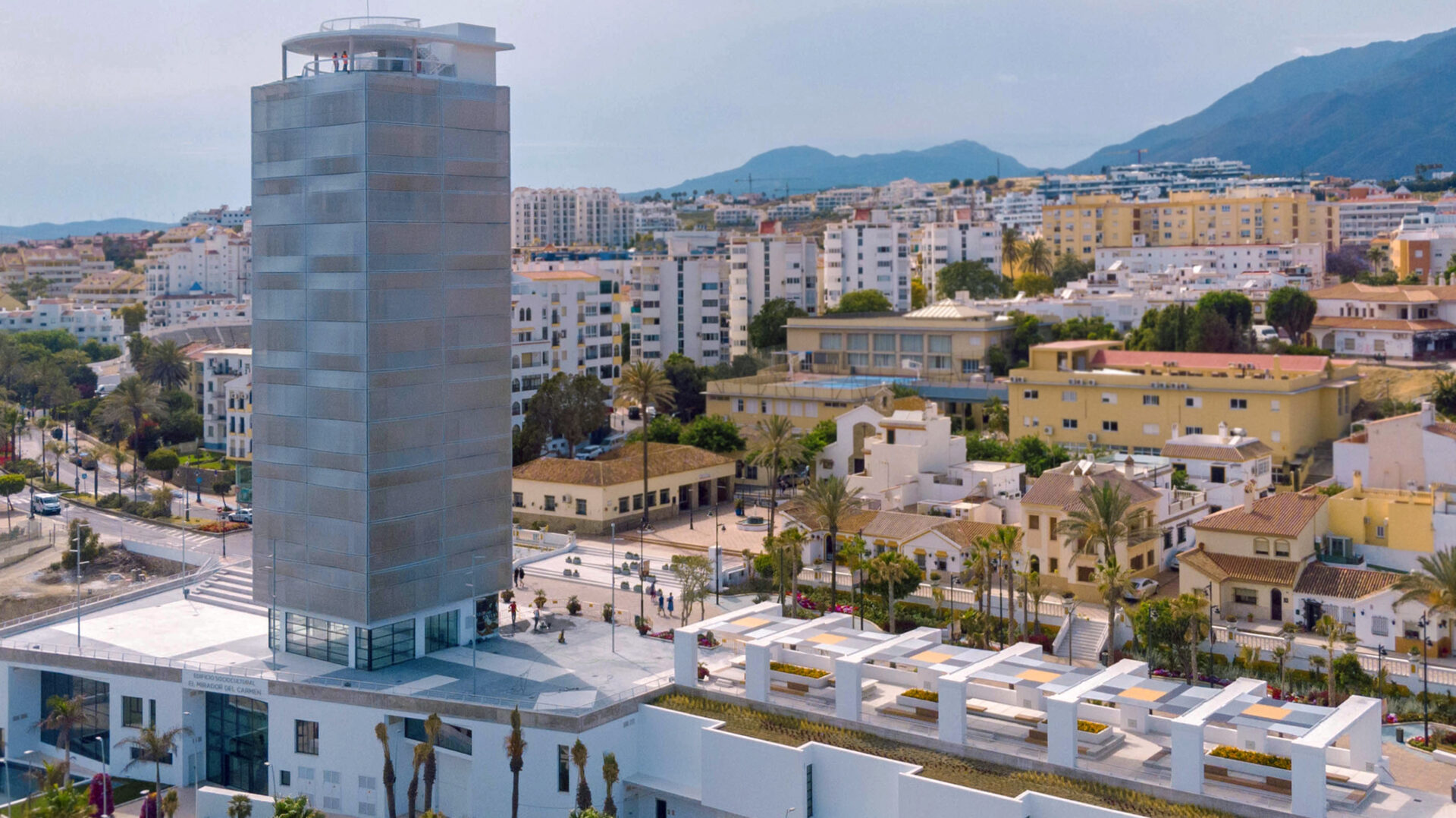 Textile-clad tower near the sea in Estepona, Spain