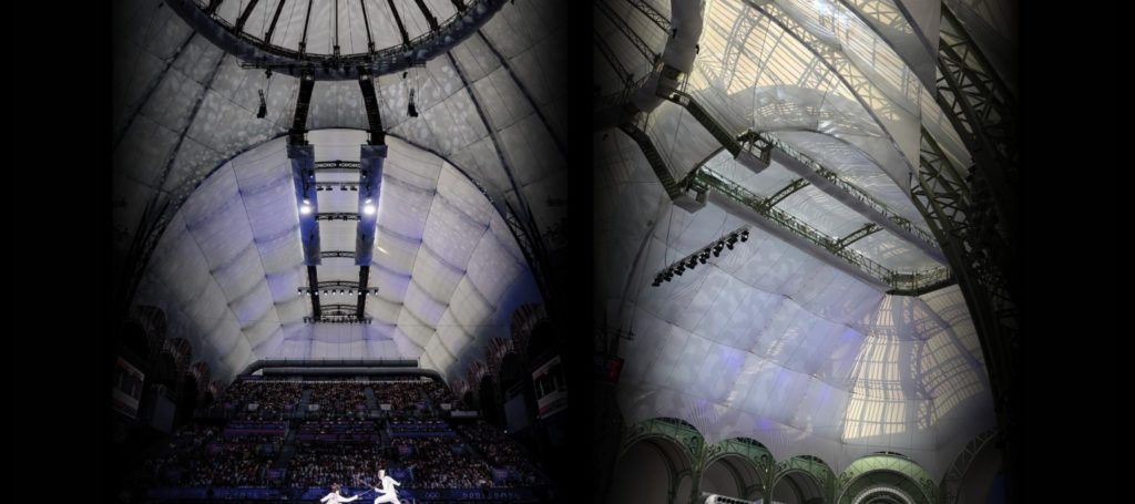 Textile roof installation inside the Grand Palais in Paris with translucent membrane panels and event lighting
